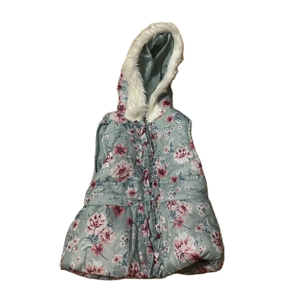 Little Lass Puffer Vest Hooded 4T Blue Floral Fur Lined Kids Girls Pink Ruffle